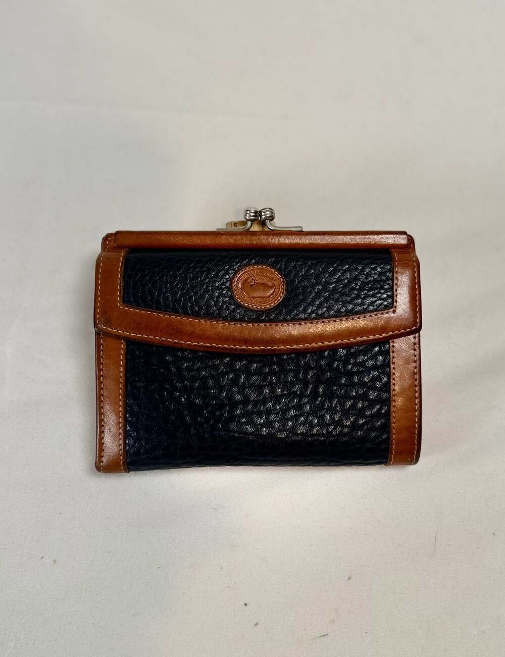Vintage 90s Preppy Americana Dooney & Bourke All Weather Leather Navy Blue and B